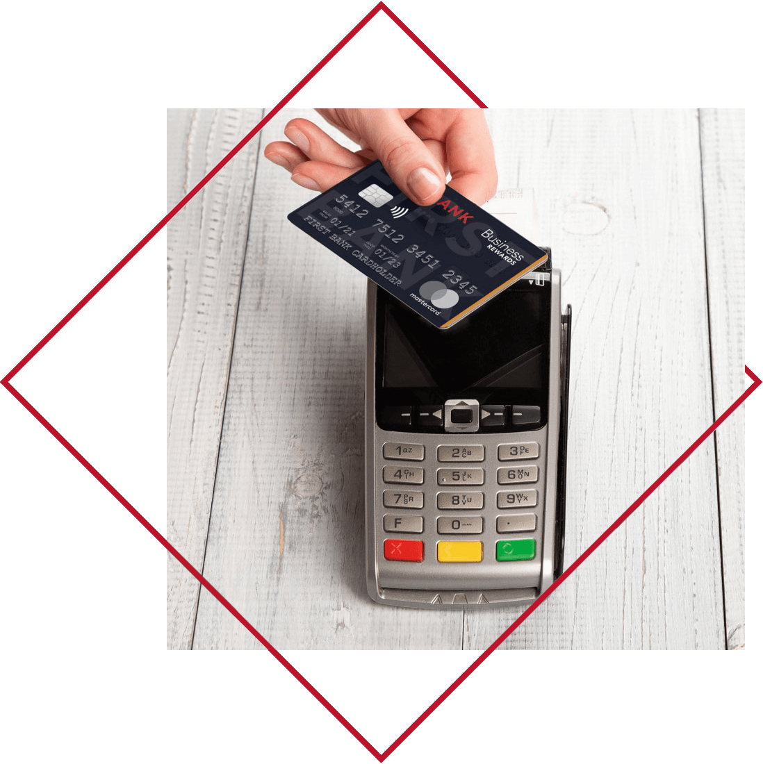 Sun Central Credit Union Credit Card with Rewards being used on touchless payment pad.