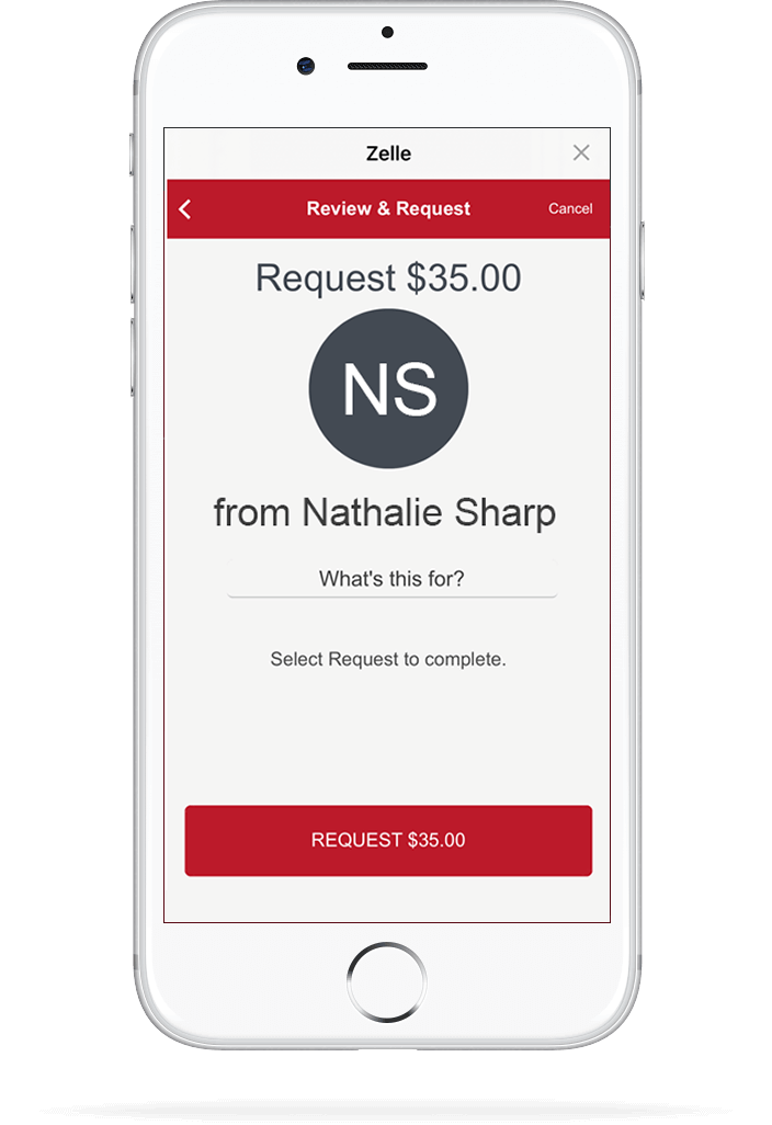 iPhone showing Zelle request money functionality.